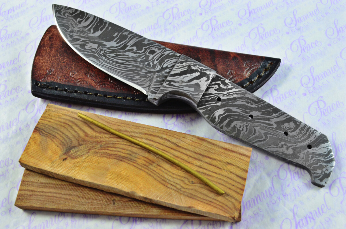 Knife Making Kit! Damascus Steel Utility Knife Olive Wood Scales Damascus Bolster inc Leather Sheath