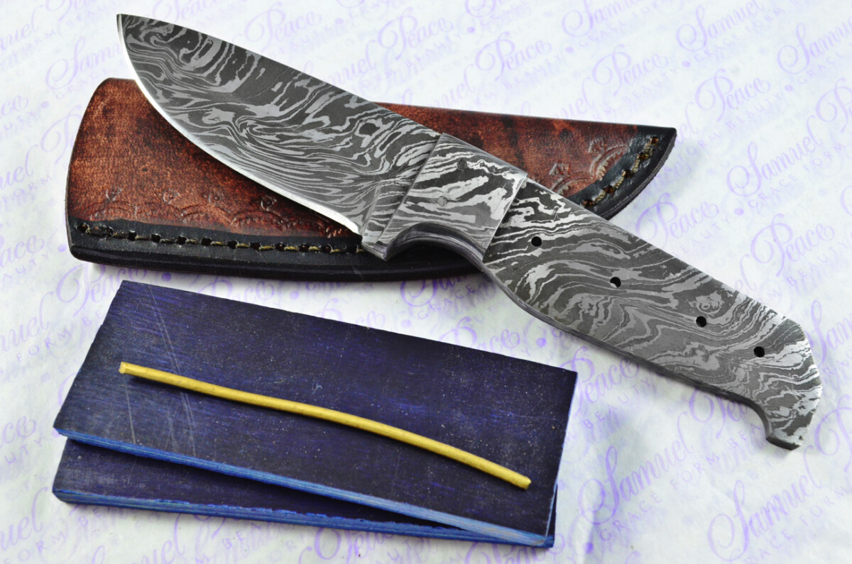 Knife Making Kit! Damascus Steel Utility Knife Blue Laminate Wood Scales Damascus Bolster inc Leather Sheath