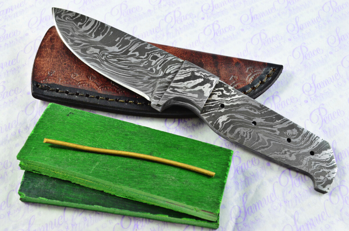 Knife Making Kit! Damascus Steel Utility Knife Green Laminate Wood Scales Damascus Bolster inc Leather Sheath
