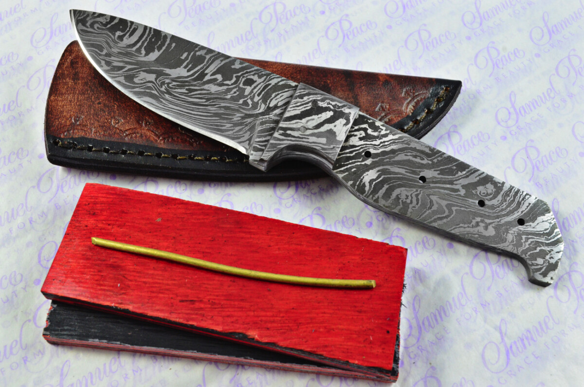 Knife Making Kit! Damascus Steel Utility Knife Red & Black Laminate Wood Scales Damascus Bolster inc Leather Sheath
