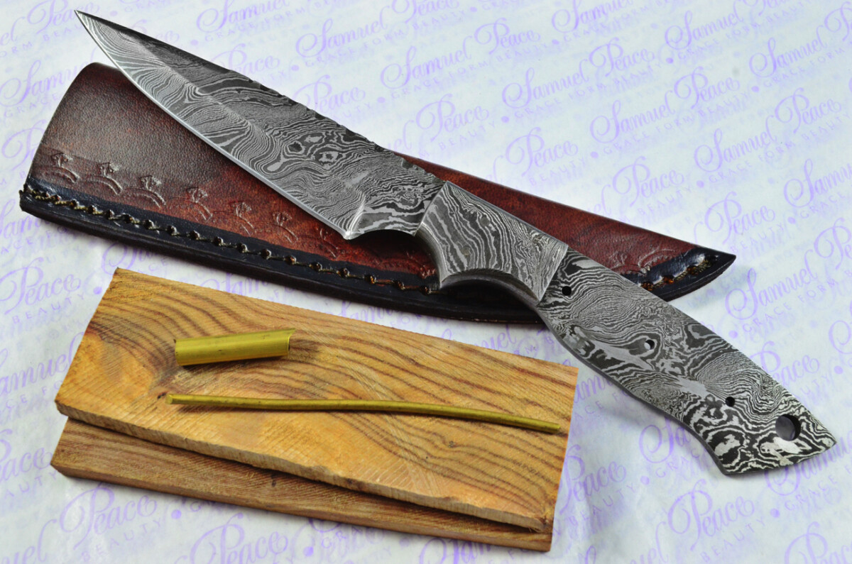 Knife Making Kit! Damascus Steel Skinning Knife Olive Wood Scales Damascus Bolster inc Leather Sheath
