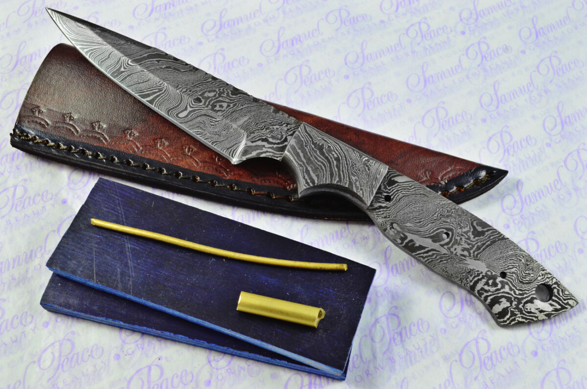 Knife Making Kit! Damascus Steel Skinning Knife Blue Laminate Wood Scales Damascus Bolster inc Leather Sheath