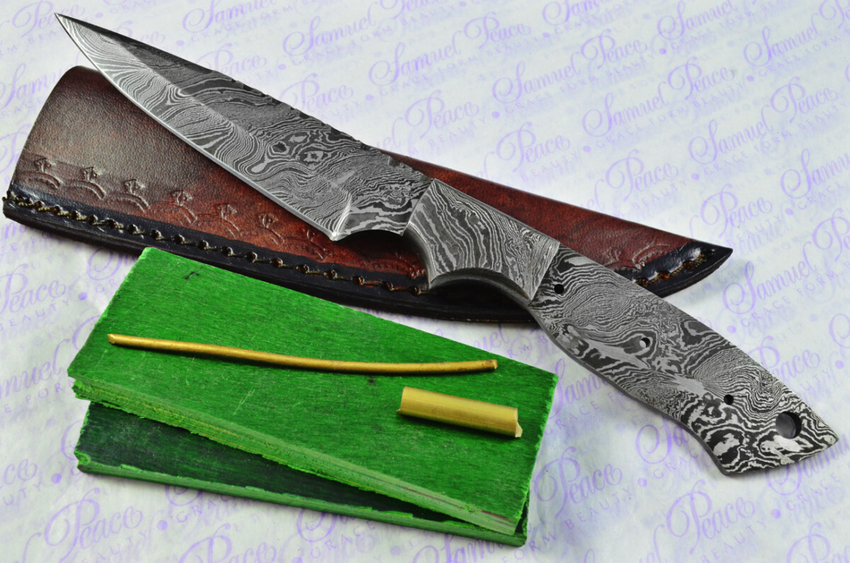 Knife Making Kit! Damascus Steel Skinning Knife Green Laminate Wood Scales Damascus Bolster inc Leather Sheath
