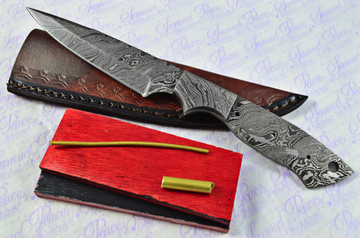 Knife Making Kit! Damascus Steel Skinning Knife Red & Black Laminate Wood Scales Damascus Bolster inc Leather Sheath