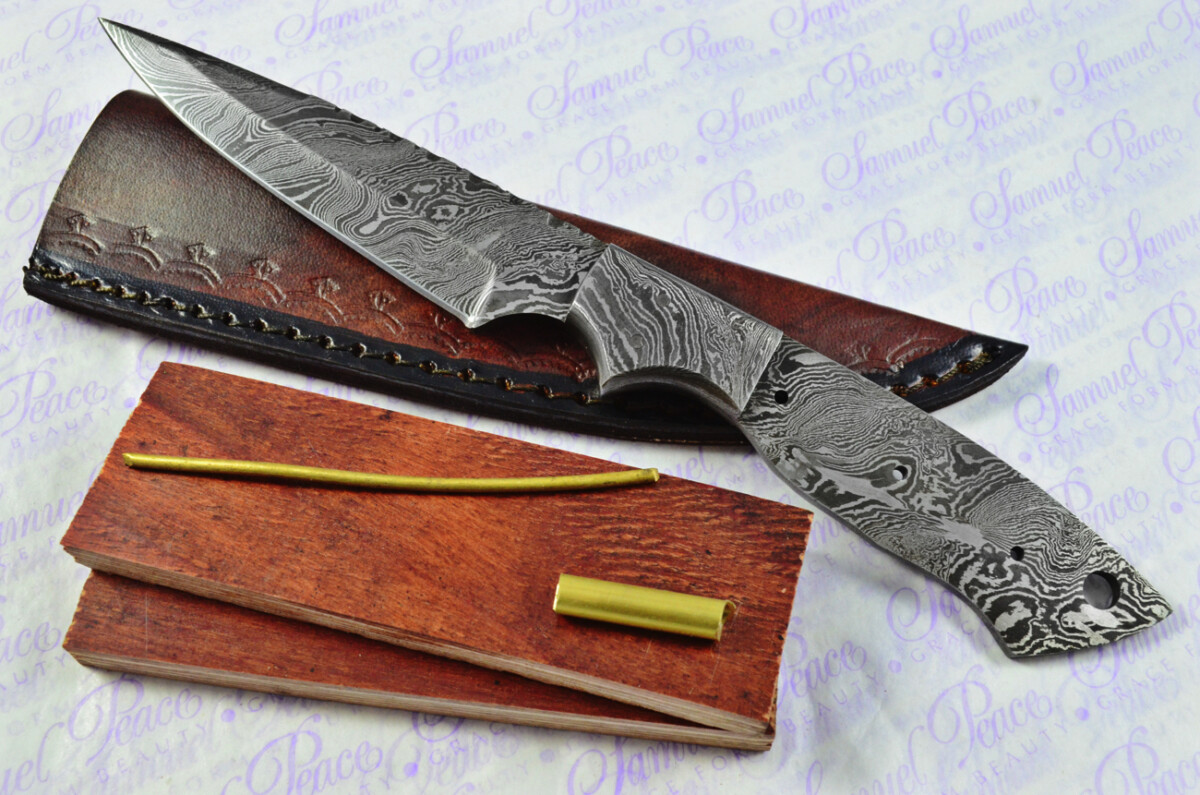 Knife Making Kit! Damascus Steel Skinning Knife Laminate Wood Scales Damascus Bolster inc Leather Sheath