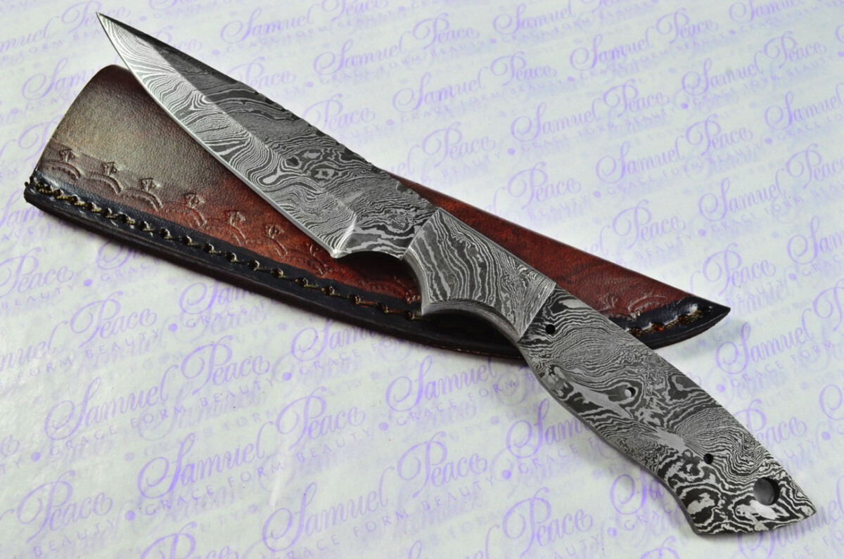 Knife Making Kit! Damascus Steel Skinning Knife Blue Laminate Wood Scales Damascus Bolster inc Leather Sheath - Image 2