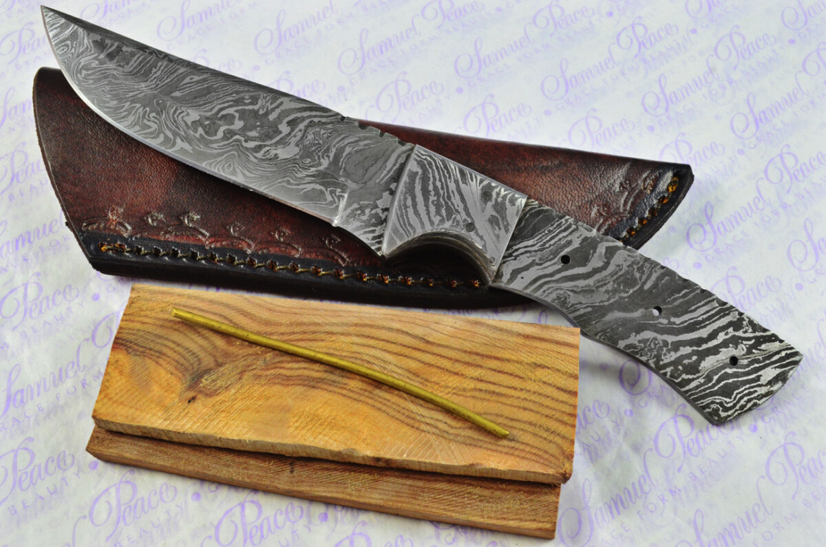 Knife Making Kit! Damascus Steel Bowie Knife Olive Wood Scales Damascus Bolster inc Leather Sheath