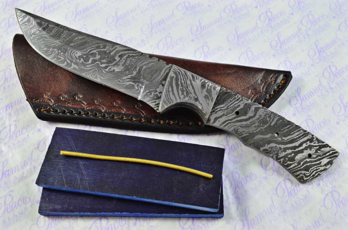 Knife Making Kit! Damascus Steel Bowie Knife Blue Laminate Wood Scales Damascus Bolster inc Leather Sheath