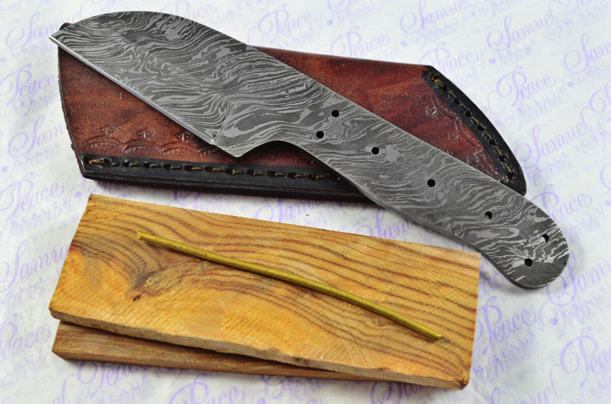 Knife Making Kit! Damascus Steel Straight Edge Knife Olive Wood Scales inc Leather Sheath