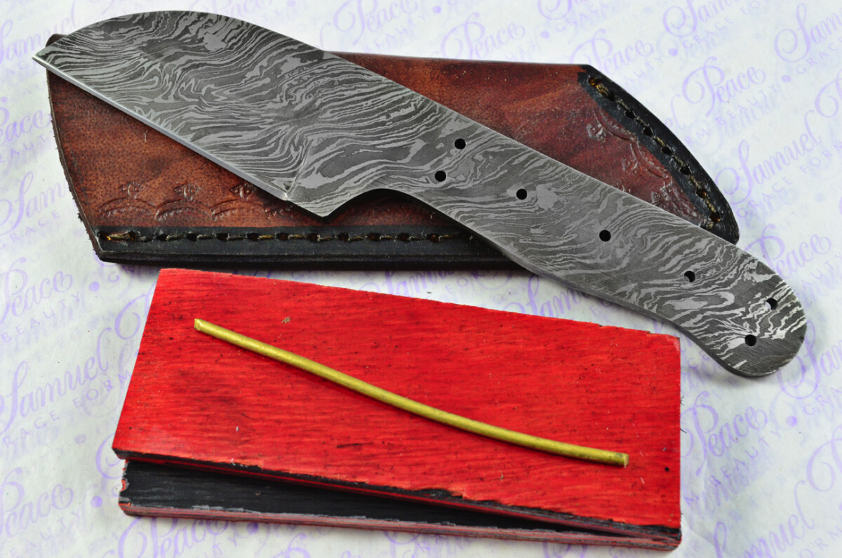 Knife Making Kit! Damascus Steel Straight Edge Knife Red & Black Laminate Wood Scales inc Leather Sheath