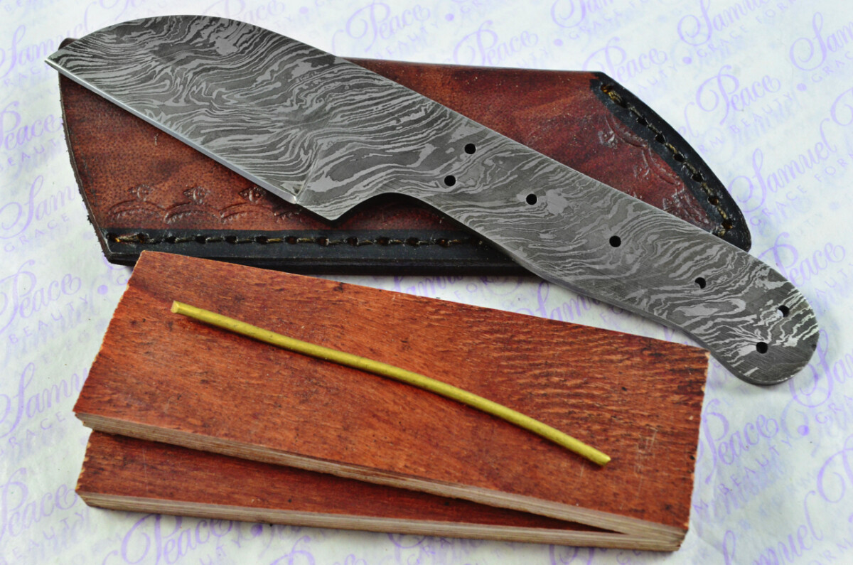 Knife Making Kit! Damascus Steel Straight Edge Knife Laminate Wood Scales inc Leather Sheath