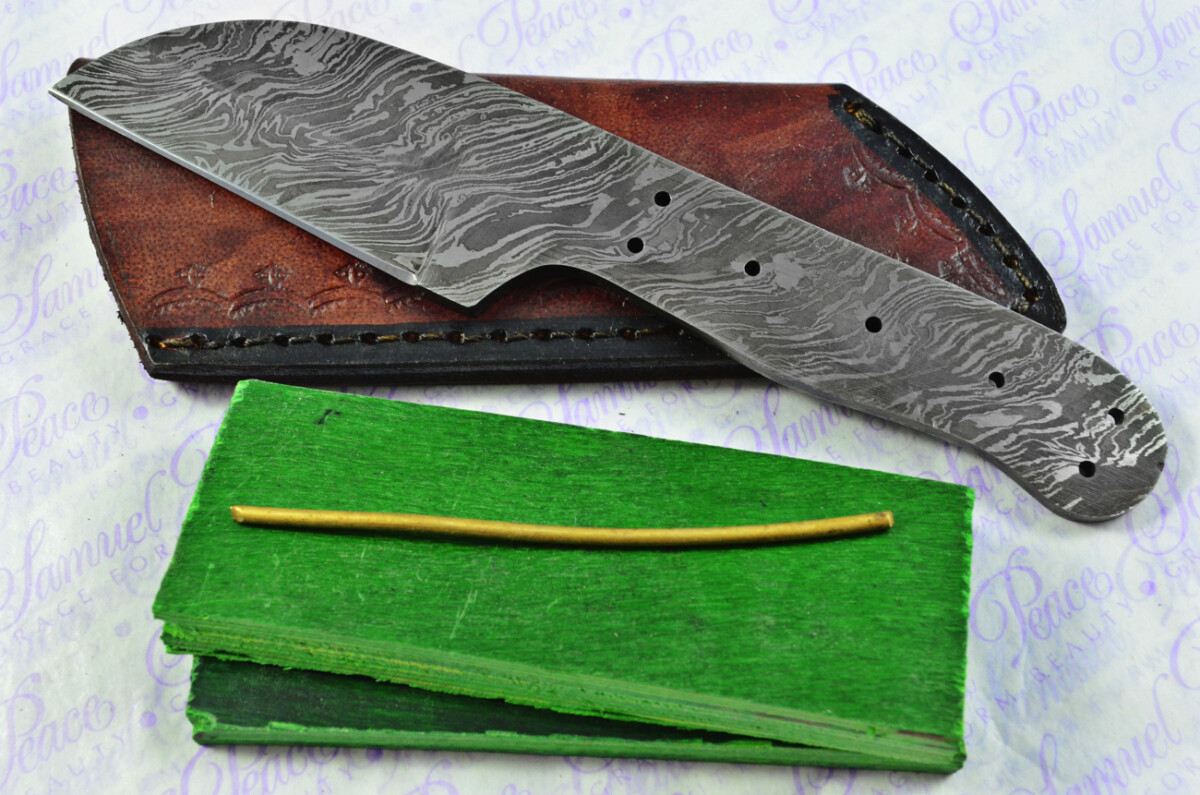 Knife Making Kit! Damascus Steel Straight Edge Knife Green Laminate Wood Scales inc Leather Sheath