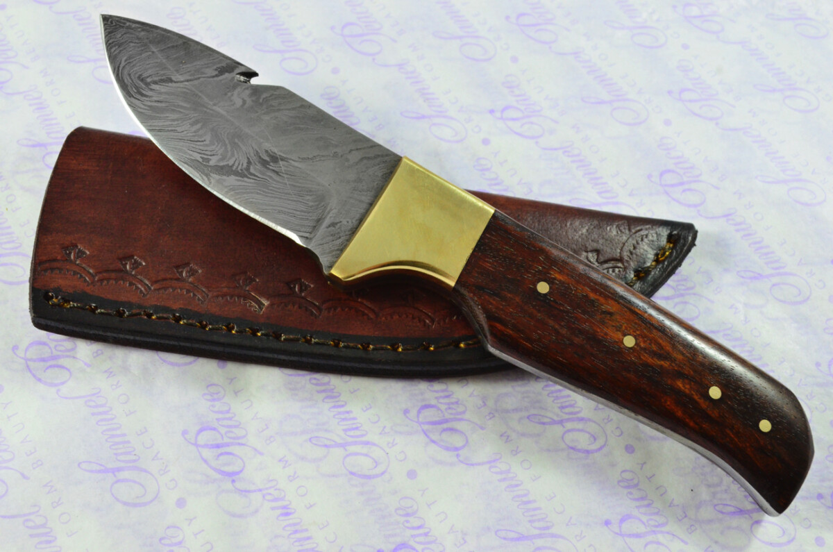 Damascus Steel Knife Making Kit! Gut Hook Knife with Rosewood Scales Brass Bolster inc Leather Sheath - Image 8