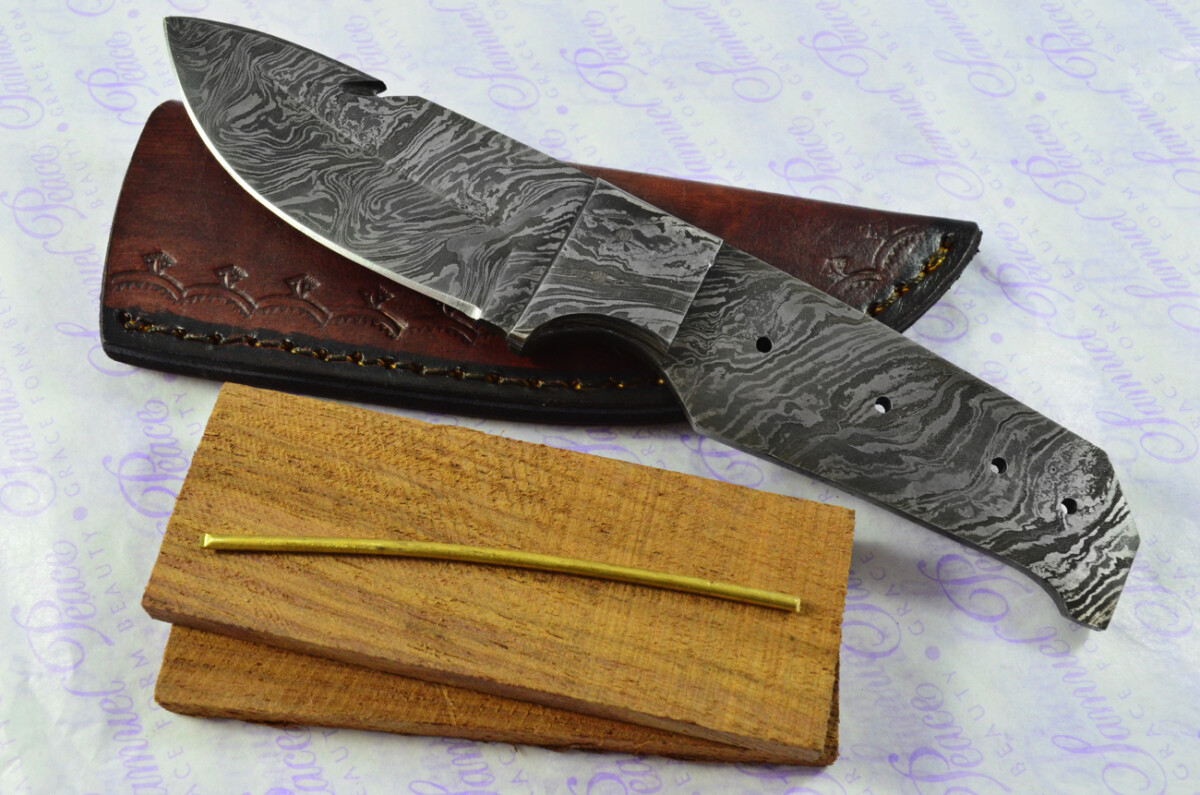Damascus Steel Knife Making Kit! Gut Hook Knife with Rosewood Scales Damascus Bolster inc Leather Sheath