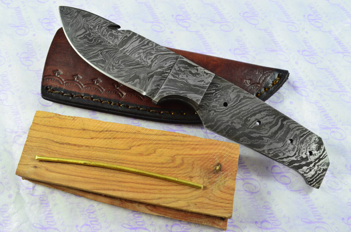 Damascus Steel Knife Making Kit! Gut Hook Knife with Olive Wood Scales Damascus Bolster inc Leather Sheath