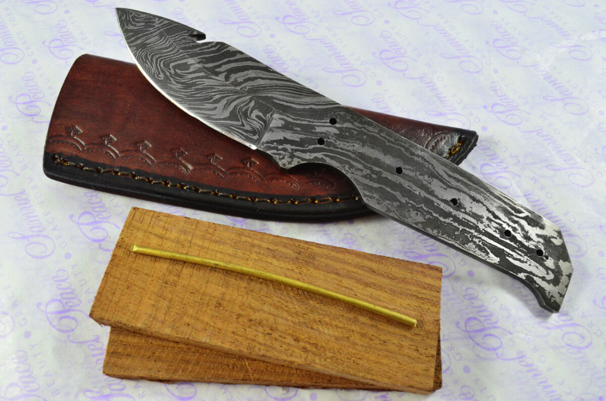 Damascus Steel Knife Making Kit! Gut Hook Knife with Rosewood Scales inc Leather Sheath