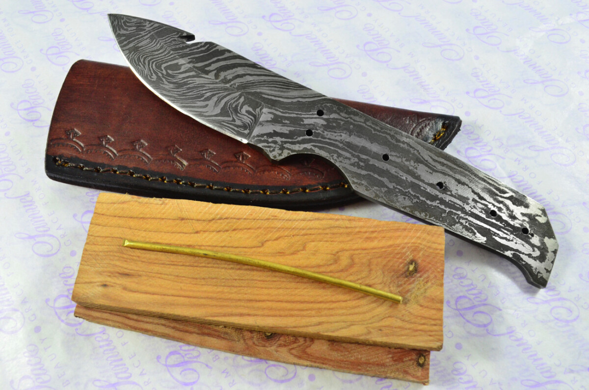 Damascus Steel Knife Making Kit! Gut Hook Knife with Olive Wood Scales inc Leather Sheath