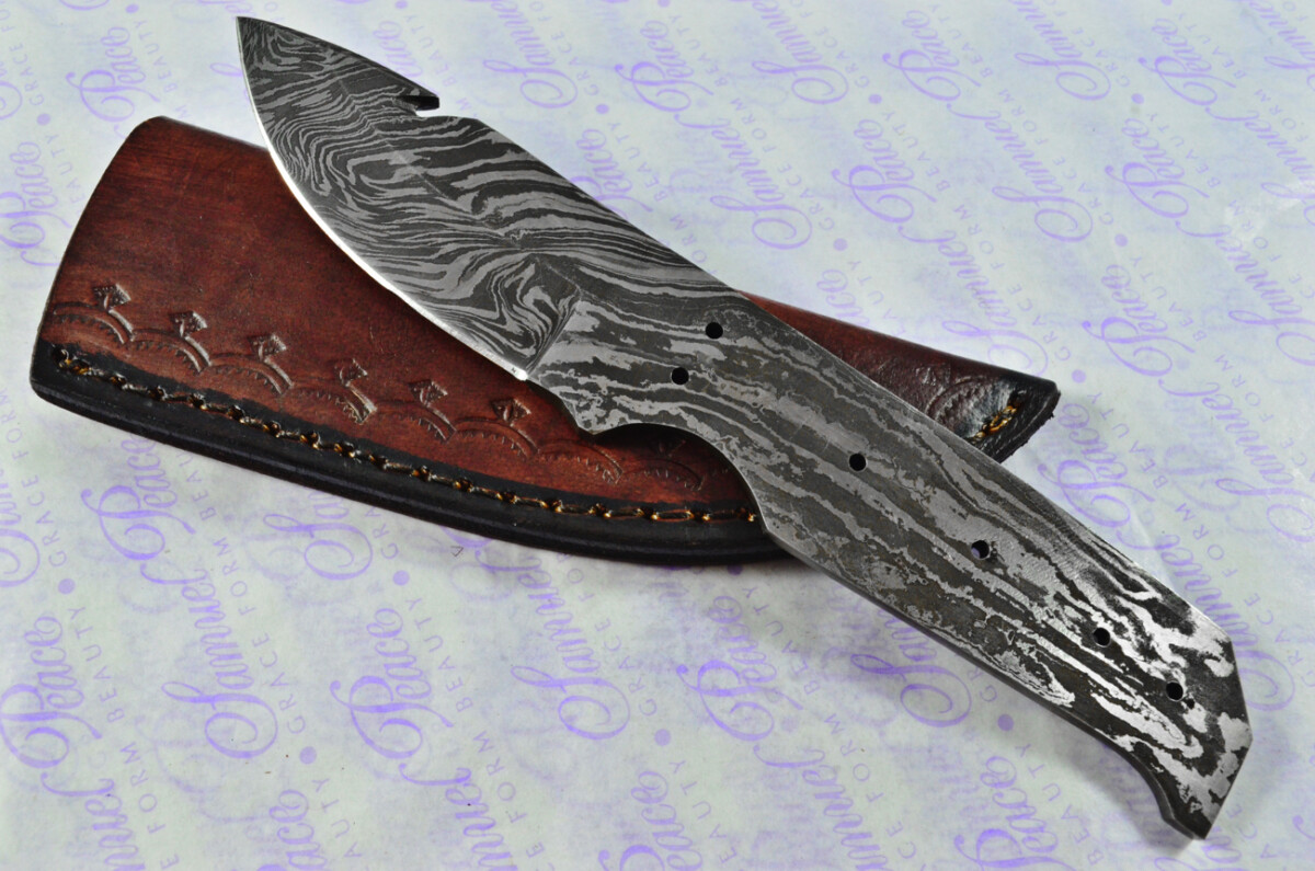 Damascus Steel Knife Making Kit! Gut Hook Knife with Rosewood Scales inc Leather Sheath - Image 2