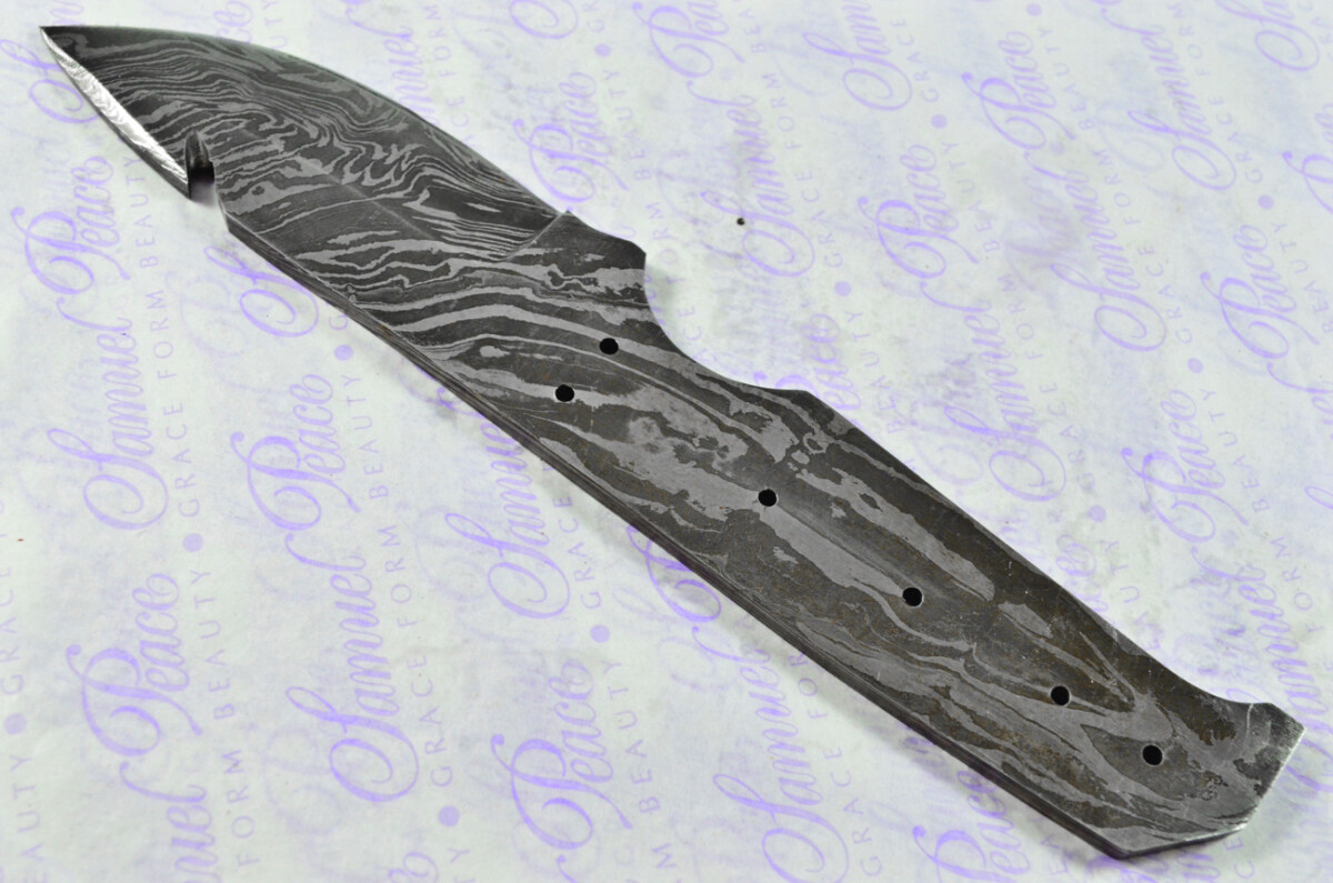Damascus Steel Knife Making Kit! Gut Hook Knife with Rosewood Scales inc Leather Sheath - Image 4