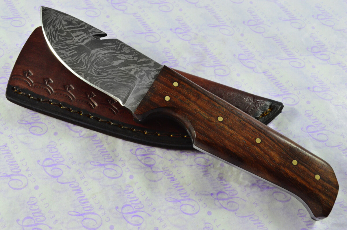 Damascus Steel Knife Making Kit! Gut Hook Knife with Rosewood Scales inc Leather Sheath - Image 8