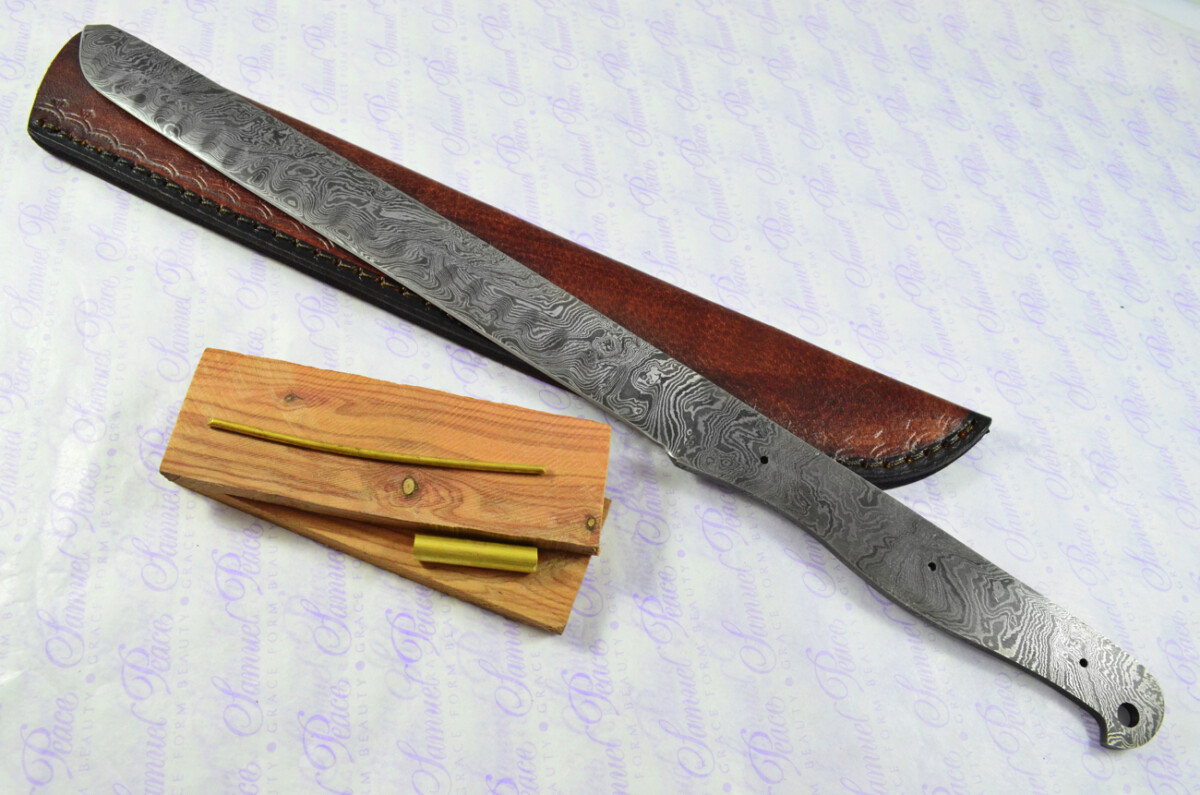 Kitchen Knife Making Kit! Huge Fantastic Damascus Steel Carving Knife Olive Wood Scales Unbelievable Piece inc Leather Sheath