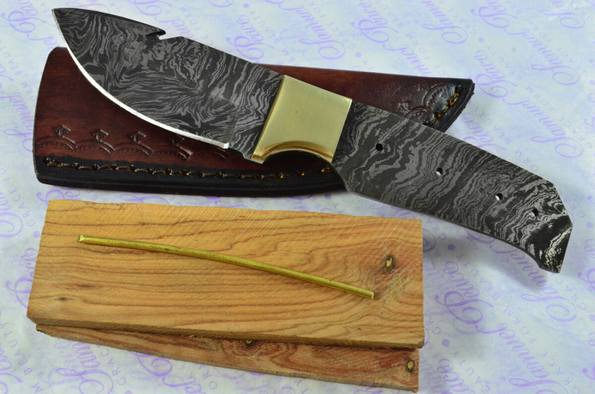 Damascus Steel Knife Making Kit! Gut Hook Knife with Olive Wood Scales Brass Bolster inc Leather Sheath
