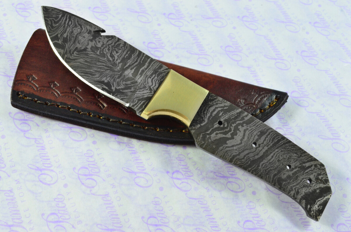 Damascus Steel Knife Making Kit! Gut Hook Knife with Rosewood Scales Brass Bolster inc Leather Sheath - Image 2