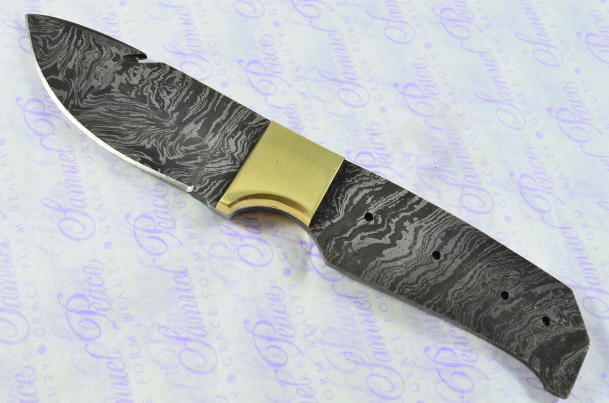 Damascus Steel Knife Making Kit! Gut Hook Knife with Rosewood Scales Brass Bolster inc Leather Sheath - Image 3