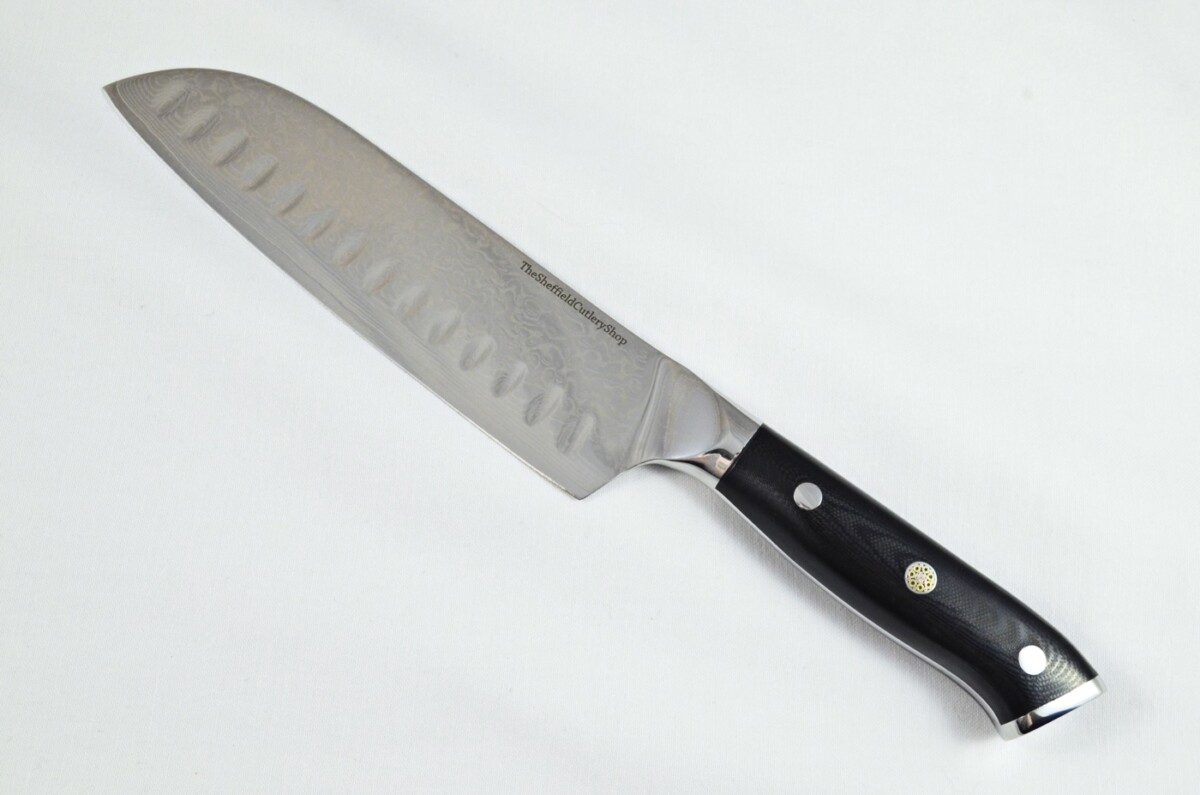 Black Micarta Handled Santoku Knife 8" - Made In Sheffield High Carbon Stainless - Damascus Steel Pattern Razor Sharp