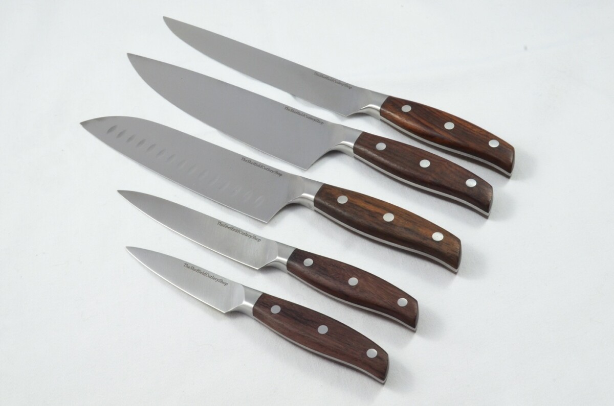 5-Piece Rosewood Kitchen Knife Set – Ergonomic Handle, Brushed Satin Blades, Made in Sheffield