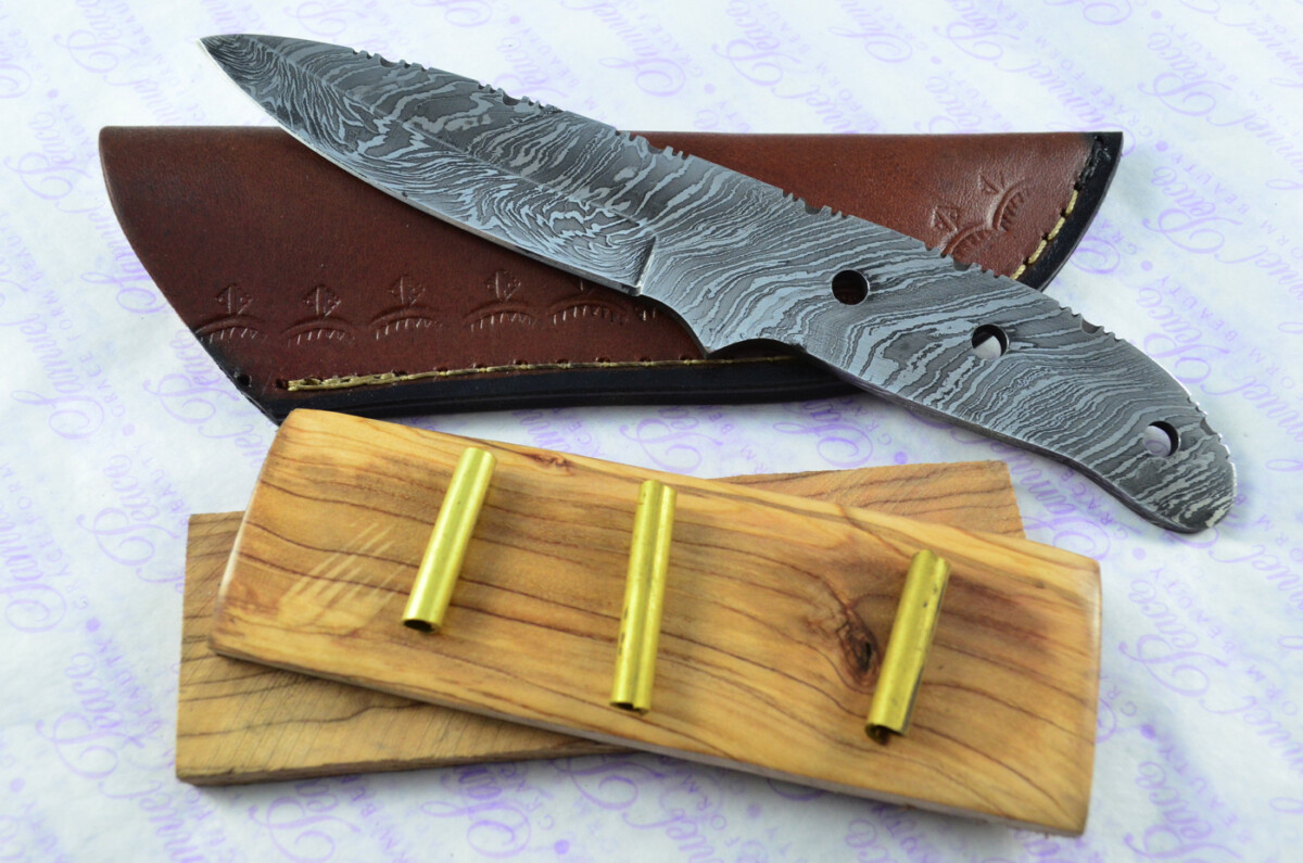 Damascus Steel Knife Making Kit! Ultimate Bushcraft Knife with Olive Wood Scales inc Leather Sheath