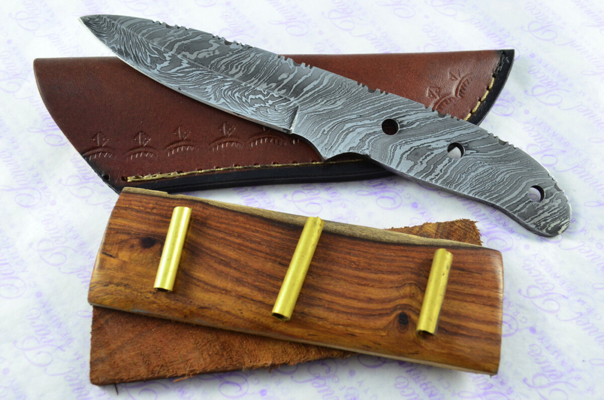 Damascus Steel Knife Making Kit! Ultimate Bushcraft Knife with Rose Wood Scales inc Leather Sheath