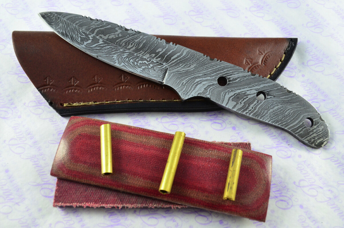 Damascus Steel Knife Making Kit! Ultimate Bushcraft Knife with Cream & Red Micarta Scales inc Leather Sheath