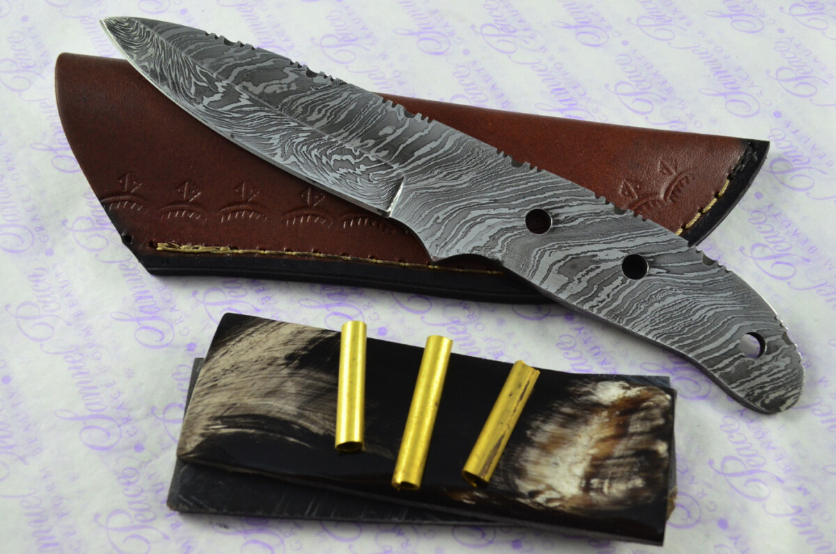 Damascus Steel Knife Making Kit! Ultimate Bushcraft Knife with Buffalo Scales inc Leather Sheath