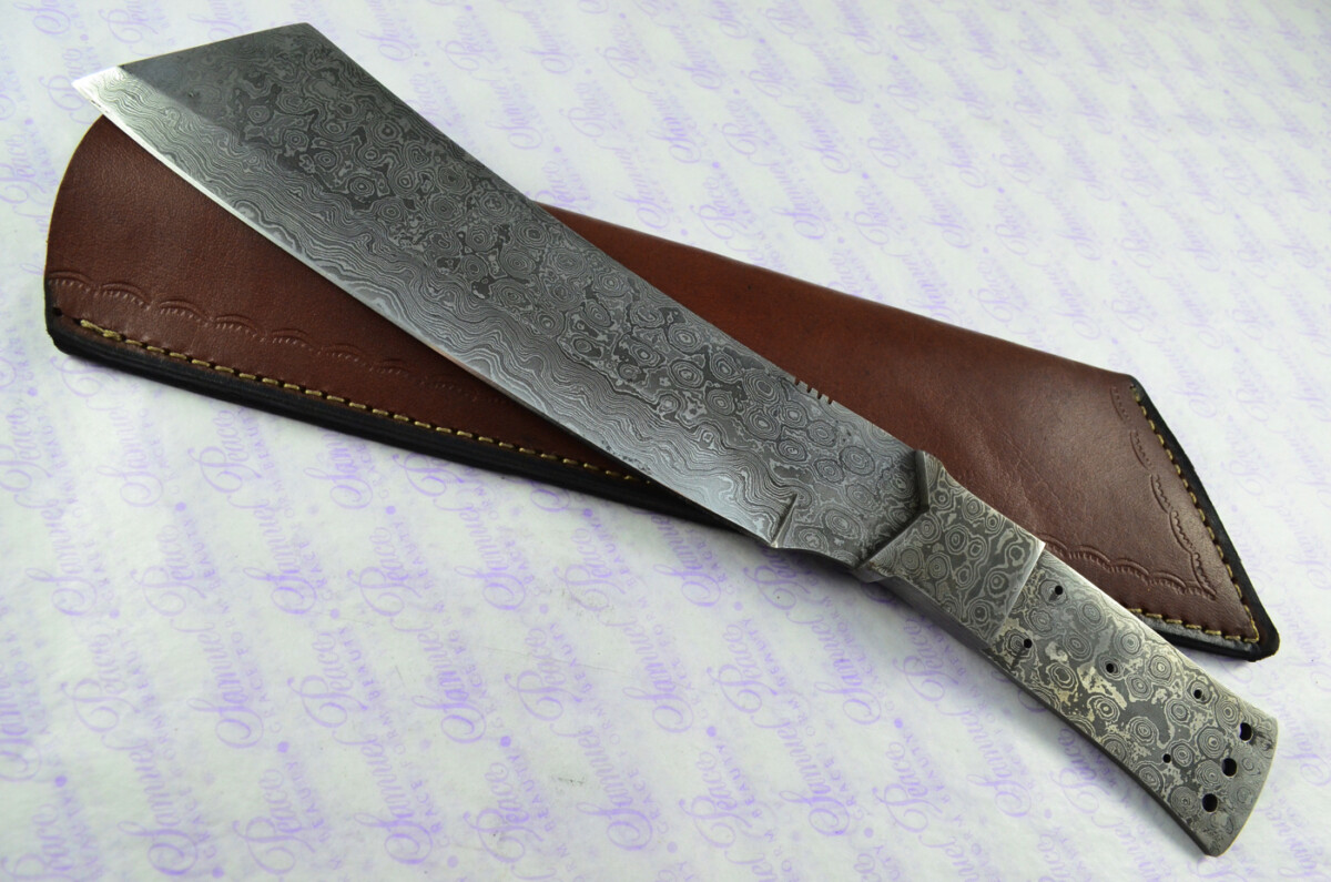 Damascus Steel Knife Making Kit! Ultimate Machete with Amazique Scales including Leather Sheath - Image 2
