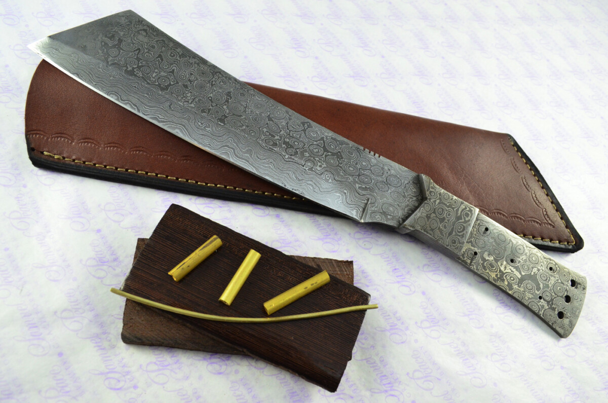 Damascus Steel Knife Making Kit! Ultimate Machete with Amazique Scales including Leather Sheath