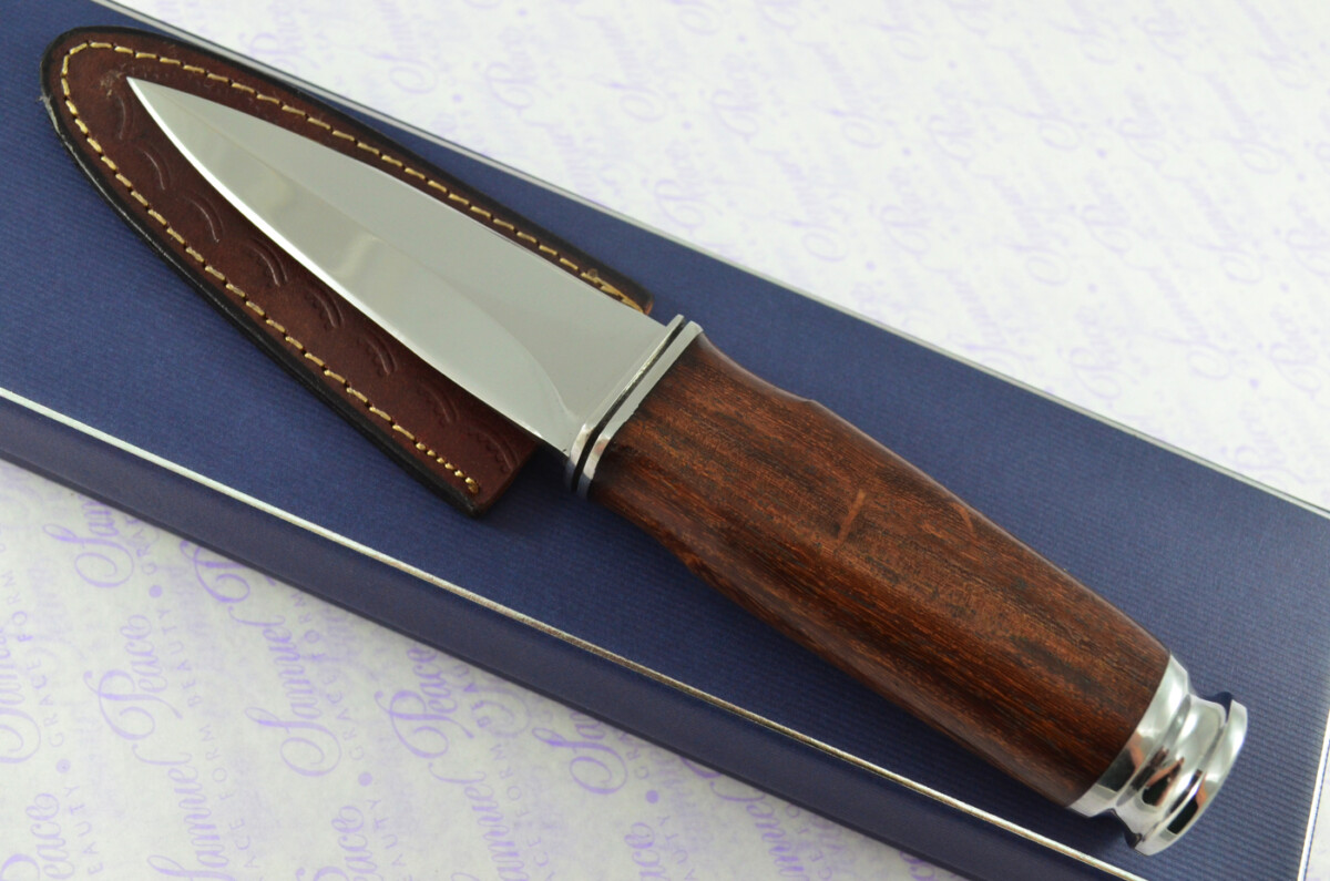 New Genuine D2 Carbon Steel Bespoke Full Tang Kiln Dried Ironwood Handle Sheffield Sgian Dubh with Leather Sheath Boxed