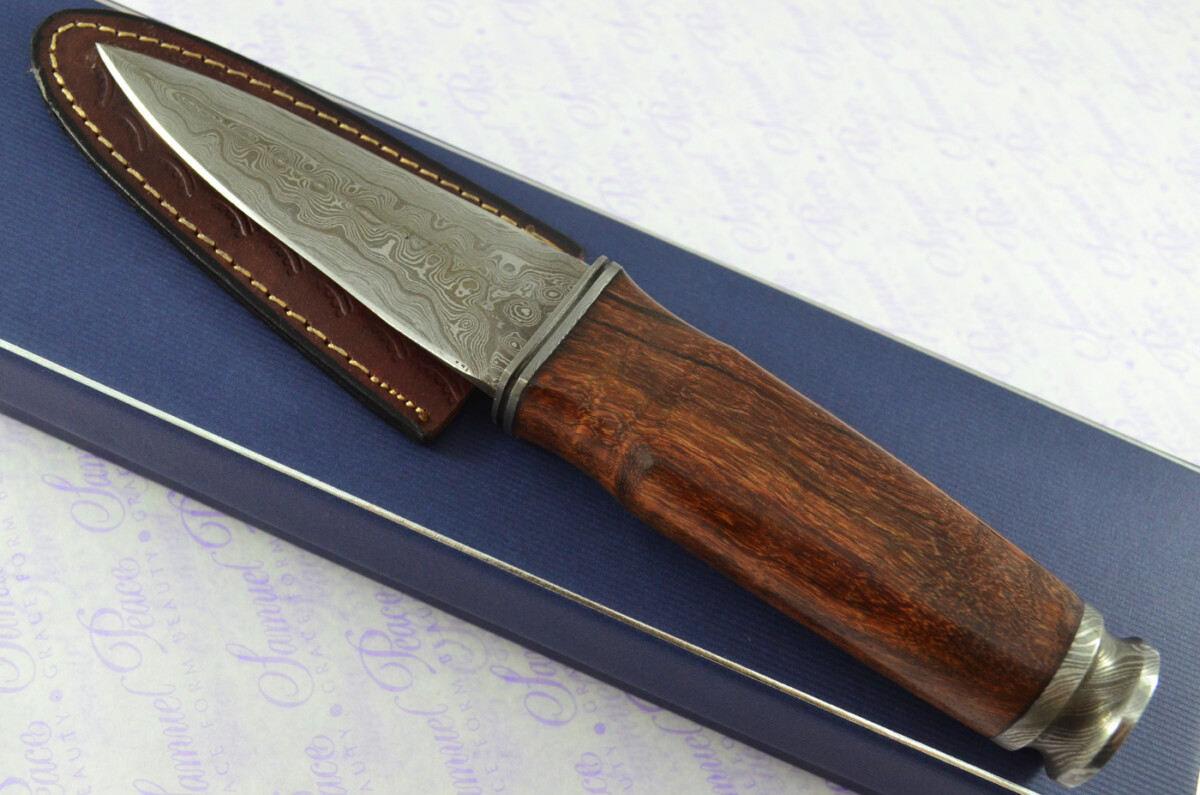 New Genuine Damascus Steel Bespoke Full Tang Kiln Dried Ironwood Handle Sheffield Sgian Dubh with Leather Sheath Boxed