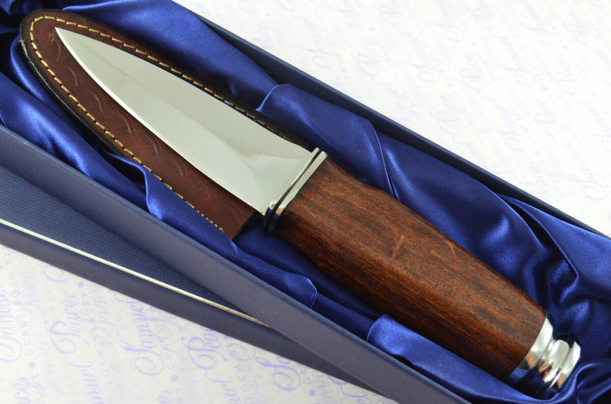 New Genuine D2 Carbon Steel Bespoke Full Tang Kiln Dried Ironwood Handle Sheffield Sgian Dubh with Leather Sheath Boxed - Image 2