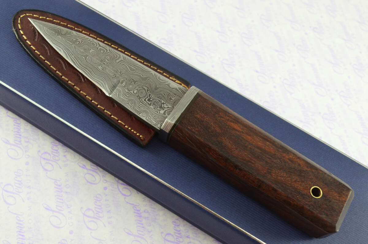 New Genuine Damascus Steel Bespoke Full Tang Kiln Dried Ironwood Handle Sheffield Sgian Dubh with Leather Sheath Boxed