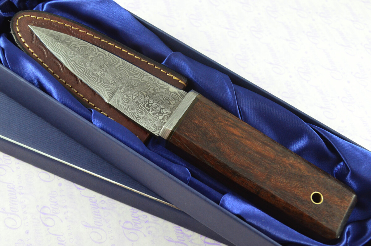 New Genuine Damascus Steel Bespoke Full Tang Kiln Dried Ironwood Handle Sheffield Sgian Dubh with Leather Sheath Boxed - Image 2