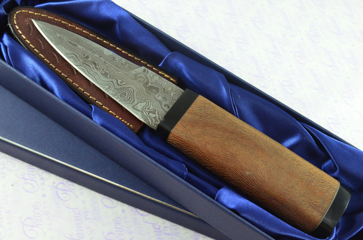 New Genuine Damascus Steel Bespoke Full Tang Kiln Dried Zebra Wood Handle Sheffield Sgian Dubh with Leather Sheath Boxed - Image 2