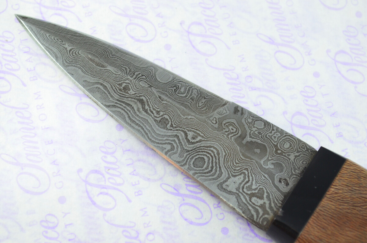 New Genuine Damascus Steel Bespoke Full Tang Kiln Dried Zebra Wood Handle Sheffield Sgian Dubh with Leather Sheath Boxed - Image 6