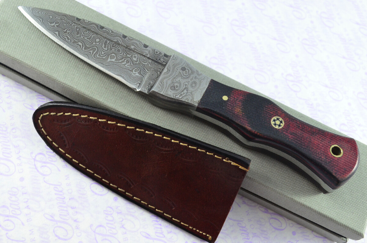 New Genuine Damascus Steel Bespoke Full Tang Red & Black Micarta Handle Sheffield Sgian Dubh with Leather Sheath Boxed