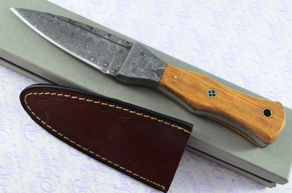 Unique New Genuine Damascus Steel Bespoke Full Tang Kiln Dried Olive Wood Handle Sheffield Sgian Dubh with Leather Sheath Gift Boxed