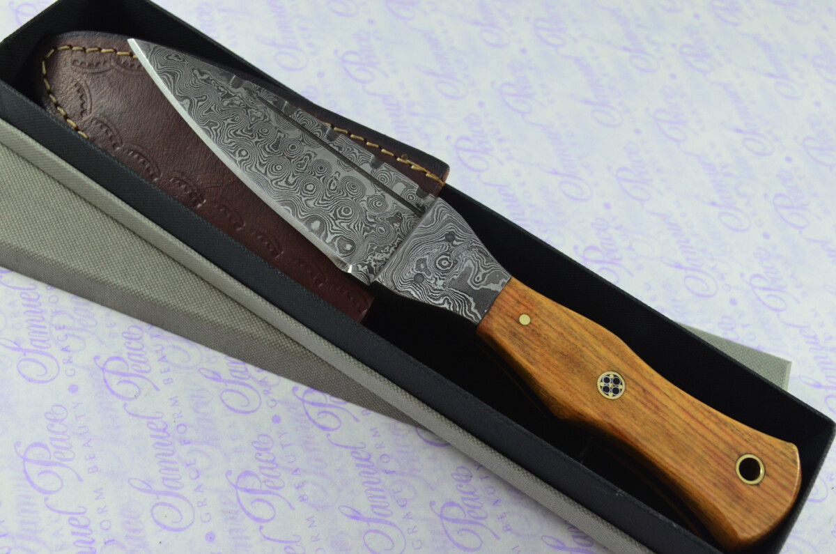 Unique New Genuine Damascus Steel Bespoke Full Tang Kiln Dried Olive Wood Handle Sheffield Sgian Dubh with Leather Sheath Gift Boxed - Image 2