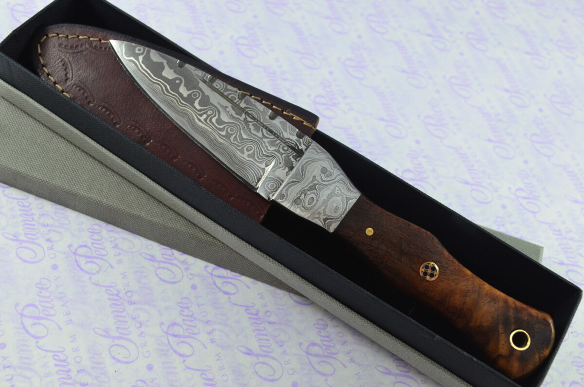New Genuine Damascus Steel Bespoke Full Tang Kiln Dried Exotic Black Rosewood Handle Sheffield Sgian Dubh with Leather Sheath Boxed - Image 2