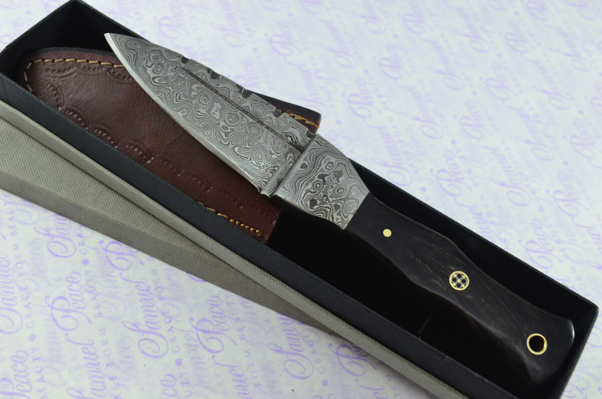 New Genuine Damascus Steel Bespoke Full Tang Water Buffalo Handle Sheffield Sgian Dubh with Leather Sheath Boxed - Image 2
