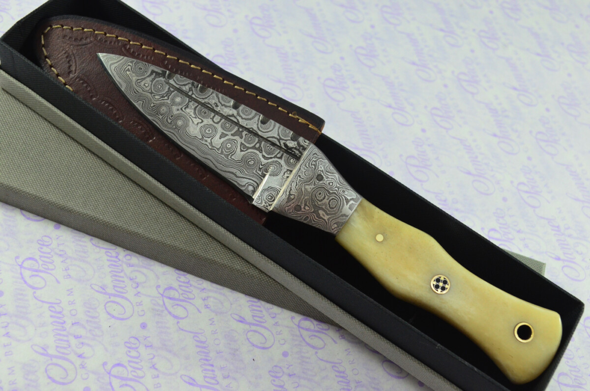 Unique New Genuine Damascus Steel Bespoke Full Tang Camel Bone Handle Sheffield Sgian Dubh with Leather Sheath Gift Boxed - Image 2