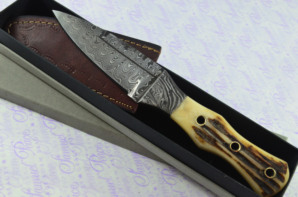 New Genuine Damascus Steel Bespoke Full Tang Stag Horn Antler Handle Sheffield Sgian Dubh with Leather Sheath Boxed - Image 2